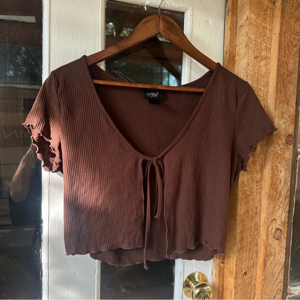 Brown Ribbed Tie-Front Cardigan